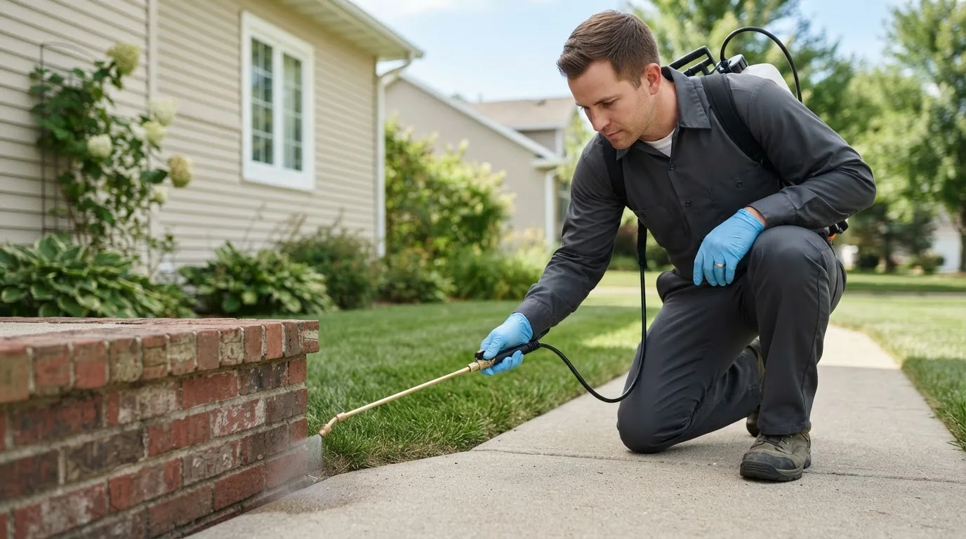 Pest control technician treating a home near Mandan, ND