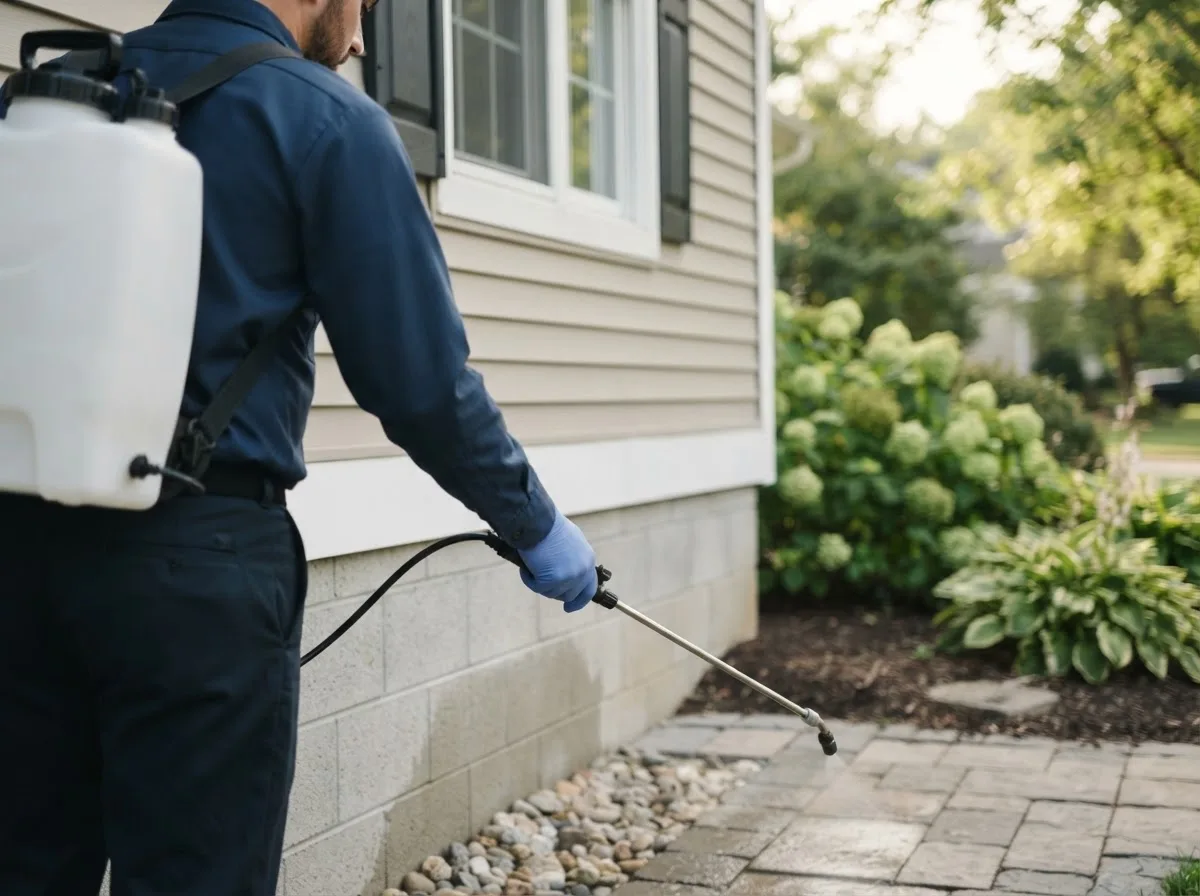 Pest control technician inspecting a home in Mandan, ND
